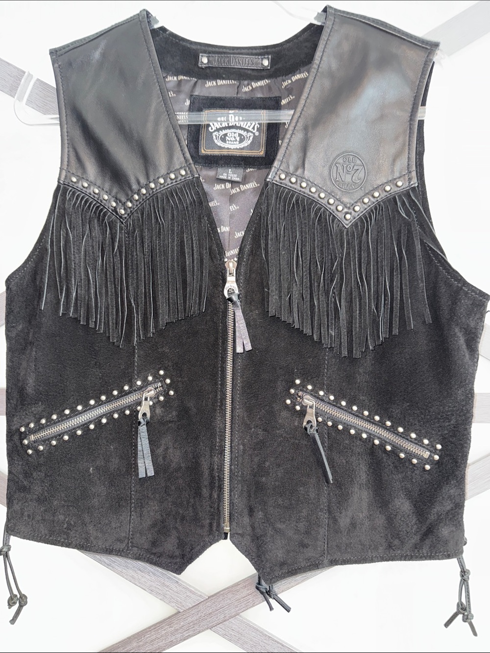Vintage 2004 Jack Daniels Leather Fringe Biker Vest L Studded Western Y2K